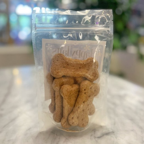 Back side of clear package showing light brown dog bones