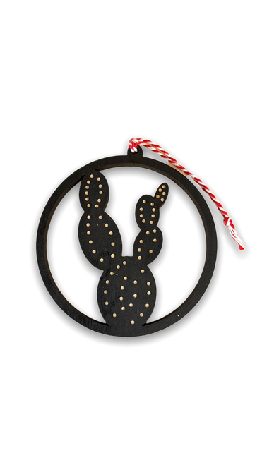 black ornament with laser cut prickly pear cactus