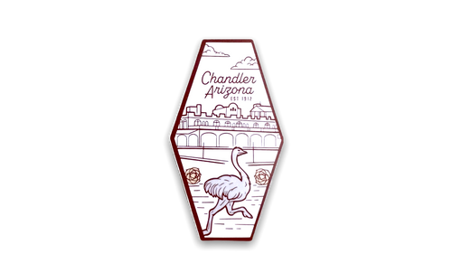 Oblong sticker in white outlined and image of downtown Chandler, Arizona and an ostrich in shades of brown