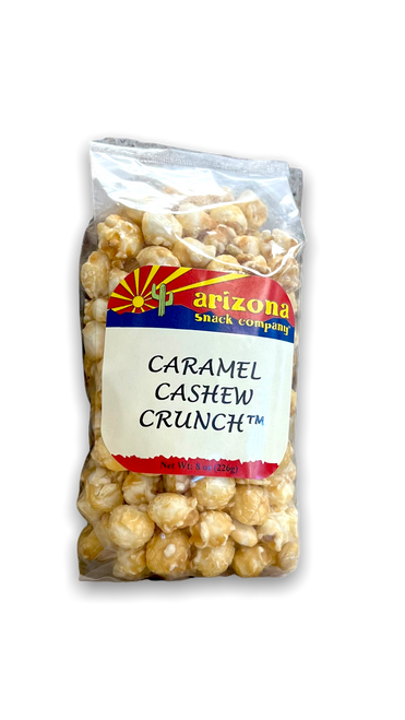 clear plastic bag containing caramel colored popcorn with a white, red, blue and yellow label