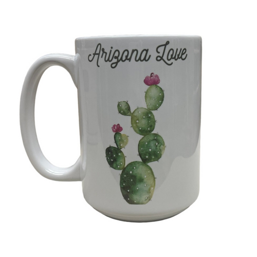 Mug with "Arizona Love" and a watercolor painted prickly pear cactus.