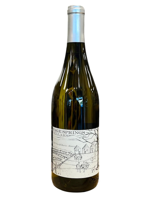 Glass wine bottle with white label with drawing of a vineyard