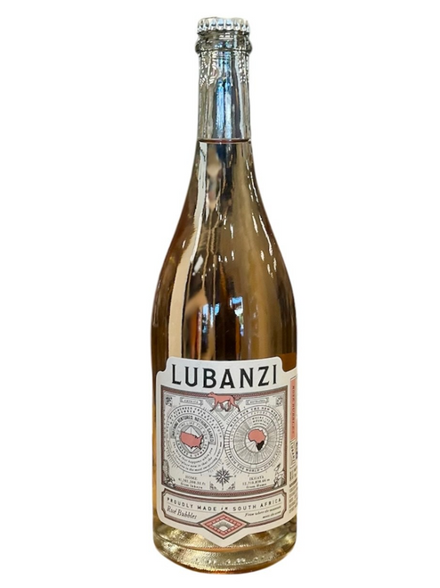 Glass wine bottle showing rose contents with white label