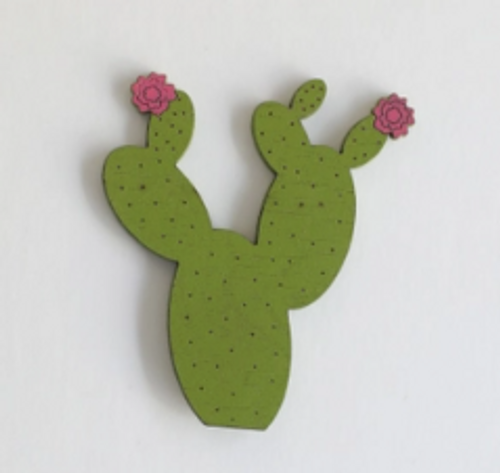 green wood magnet in the shape of a prickly pear cactus.
