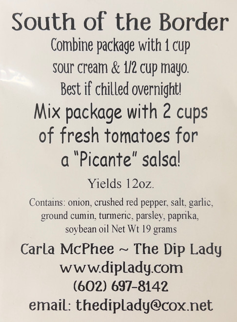 White rectangular card with black lettering showing the flavor of the dip with instructions for mixing