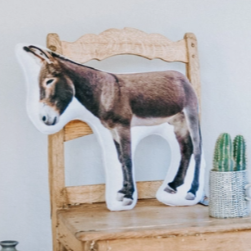 White pillow with picture of a burro