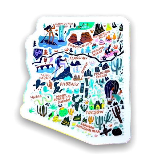 Sticker in the shape of Arizona with icons for popular Arizona sites such as Lake Havasu, the Grand Canyon, Saguaro National Park and more