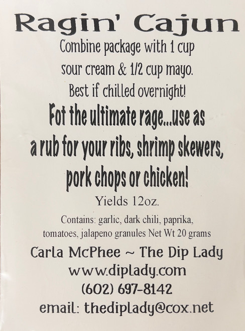 White rectangular card with black lettering showing the flavor of the dip with instructions for mixing
