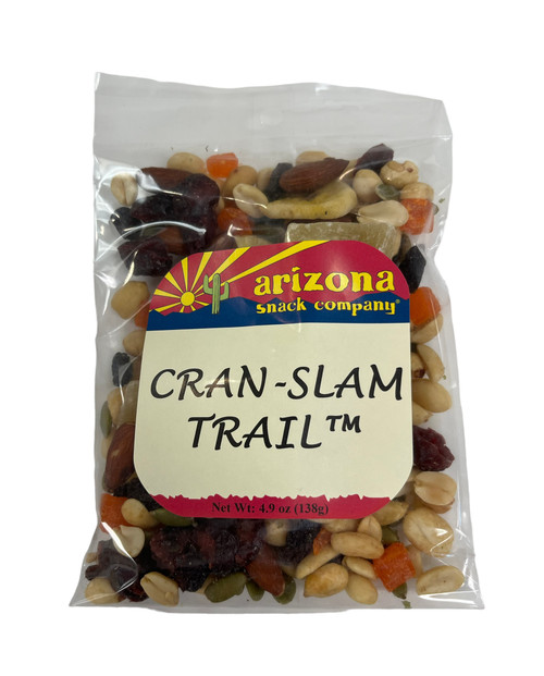 Clear cello bag containing mixed dried fruit and nuts with a square front label Clear cello bag containing mixed dried fruit and nuts with a square front label