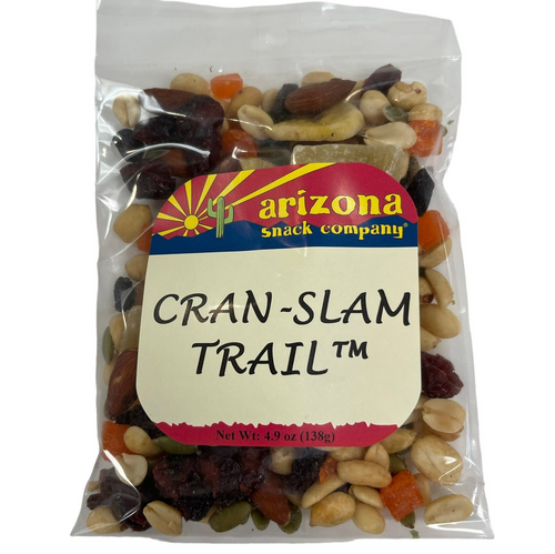 Clear cello bag containing mixed dried fruit and nuts with a square front label