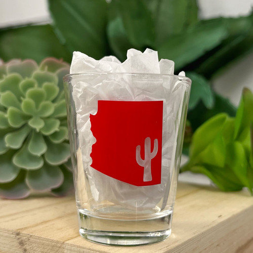 Clear glass with Arizona in red and cut-out of saguaro cactus