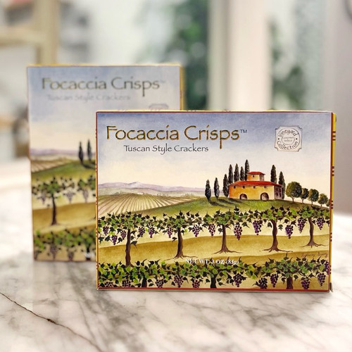Rectangular box with image of italian vineyard and black lettering