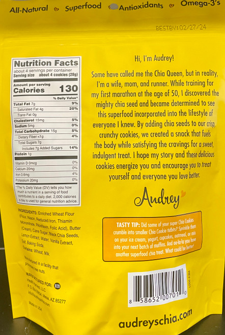 Back of bag with nutrition facts and ingredients.