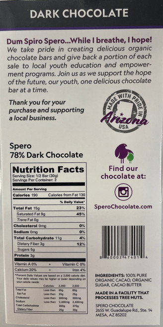 Back of box with a mission statement, nutrition facts, and ingredients.