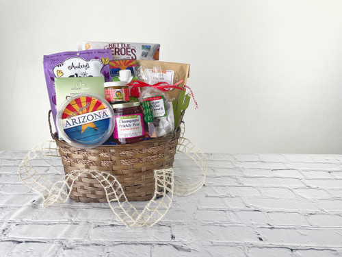 Basket with products standing up in it and a ribbon around it. Please see description for product details. Basket with products standing up in it and a ribbon around it. Please see description for product details.