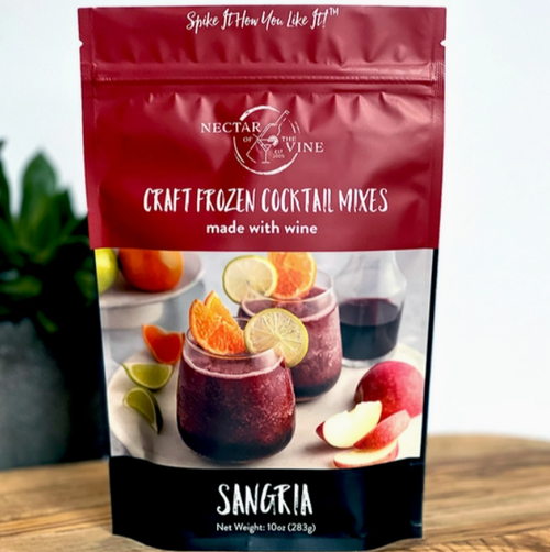 Dark red and black resealable food pouch with picture of two stemless wine glasses