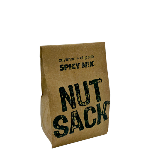 Brown paper bag rolled down at the top with "Nut Sack" printed in bold black ink, a stamp style font. 