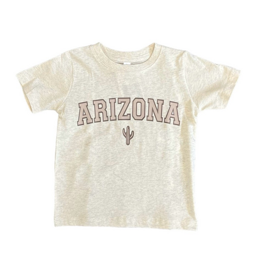 Light tan t-shirt with "Arizona" across the front in a darker tan and a small cactus