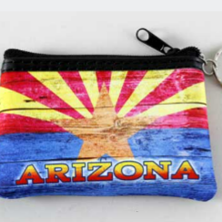 rectangular coin purse with Arizona flag and "Arizona" in yellow and red