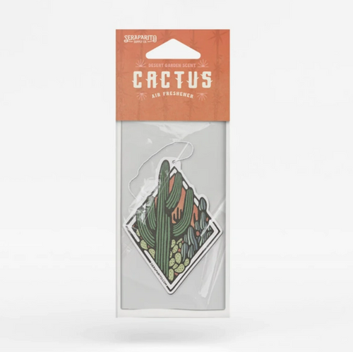 Diamond shaped air freshener with variety of green cacti in clear packaging with light brown top