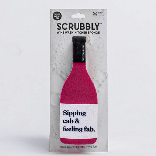 Wine red and white wine bottle shaped sponge on a white cardboard display