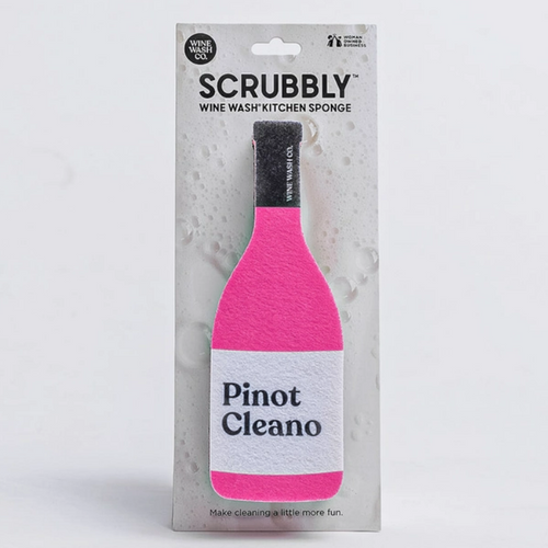 Pink and white wine bottle shaped sponge on a white cardboard display.