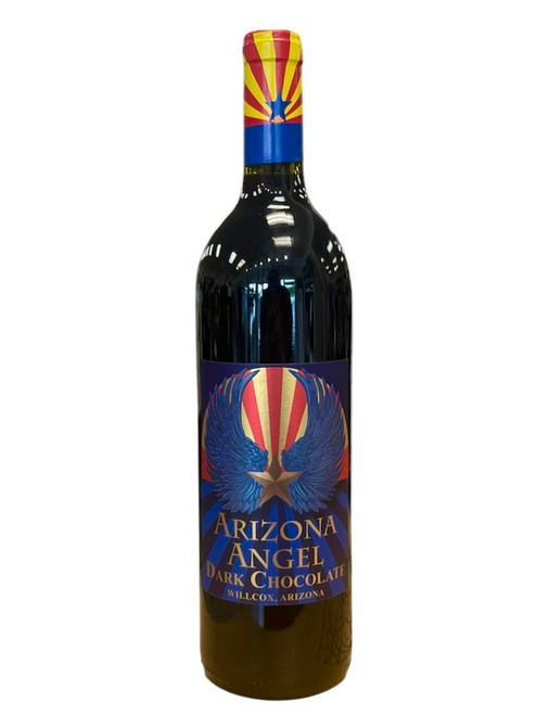 tall, dark glass wine bottle with blue label with arizona flag
