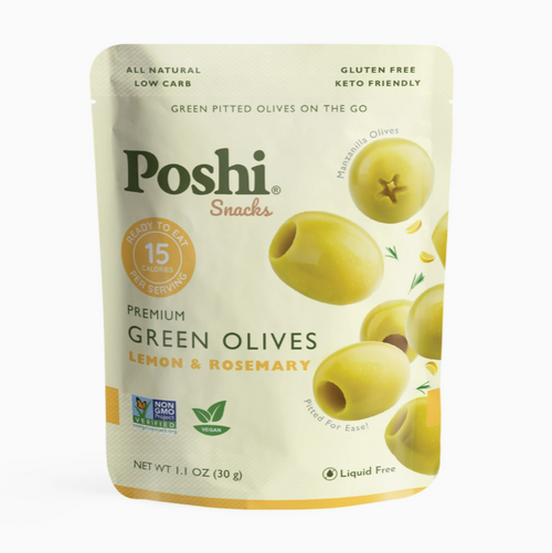 Light yellow and white food pouch with image of olives