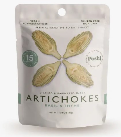 Off-white food pouch with black lettering and image of four sliced artichokes