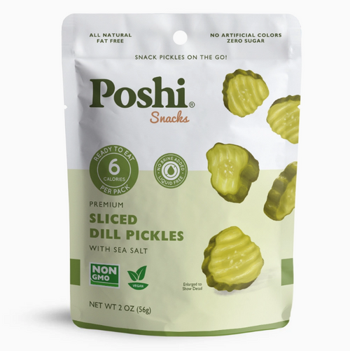 White and light green pouch showing sliced green pickles
