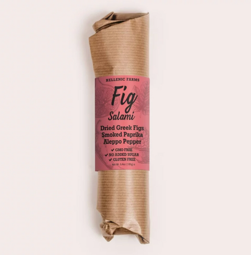 Oblong brown butcher paper packaging with a dark pink  label and black lettering