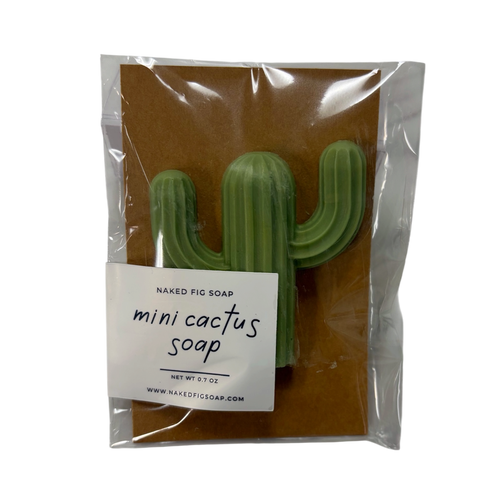 Green saguaro cactus soap on brown background wrapped in clear plastic with small white label 