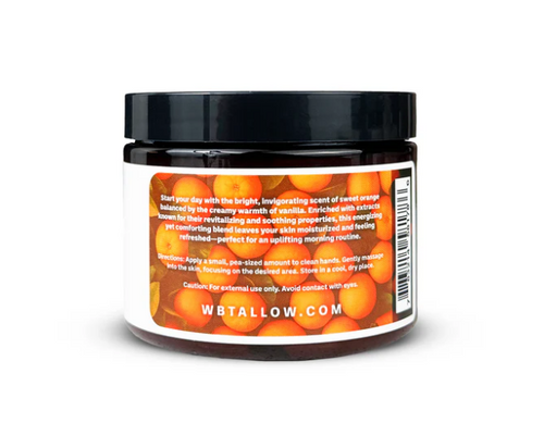 Back label in orange with white lettering