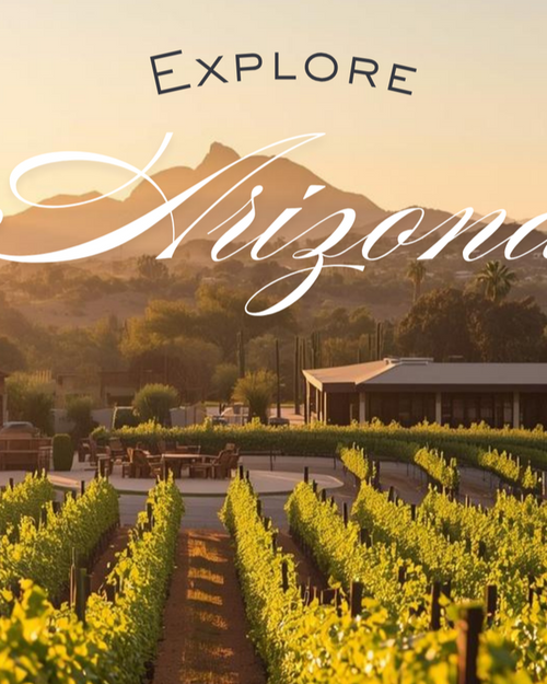 Arizona hills and vineyard at sunset with Arizona in white lettering