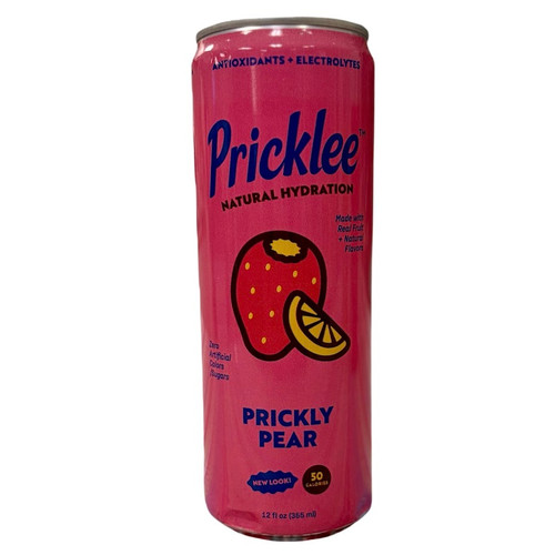 Thin cylindrical pink can with image of prickly pear cactus fruit