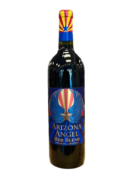 Wine bottle with front label in Arizona colors of blue, red and copper incorporating the Arizona flag.