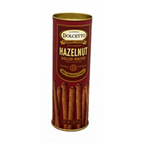 Tall tubular container with gold lid in brown with image of long wafer rolls