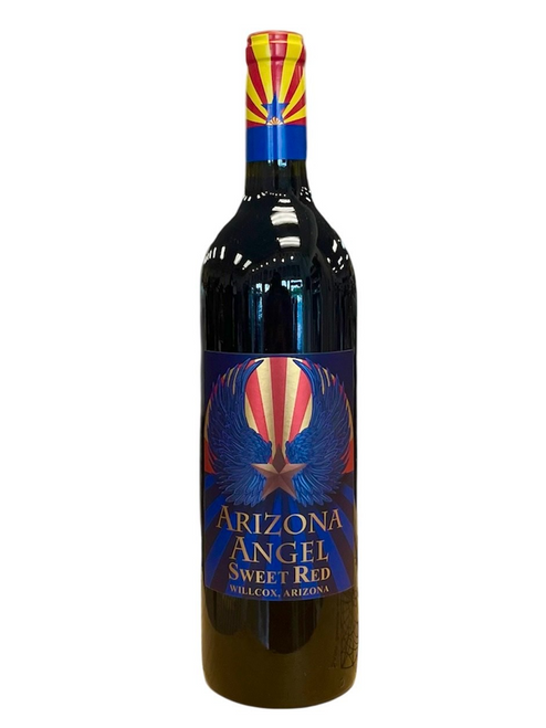 Dark glass wine bottle with blue label with the Arizona flag