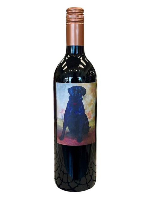 dark bottle of wine with a photo of a black lab on the label