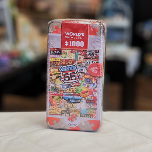 Long rectangular box with images of sights and road signs of Route 66 Long rectangular box with images of sights and road signs of Route 66