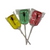 A yellow, a green, and a red scorpion lollipop.