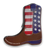 Brown cowboy boot shaped tin with red, white, and blue of the American flag.