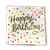 square paper napkins wrapped in clear plastic with polka dots and "Happy Birthday" written in gold.