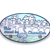 Oval sticker with image of Downtown Chandler buildings, ostrich and tumbleweeds in shades of light blues, pink and green.