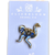 Enamel pin in the shape of a ostrich in shades of blue and gold.