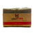 Dark gray bar of soap with tan paper wrapping with black and pink lettering