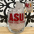 Clear stemless wine glass with the Arizona State University Logo (ASU) and logo pitchfork above the phrase "Fear the fork"