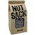 Brown paper bag rolled down at the top with "Nut Sack" printed in bold black ink, a stamp style font. With a window on the front of the bag showing off the nuts inside
