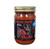 Clear class jar with gold lid showing contents of red salsa with black and red front label
