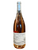 Clear glass bottle showing contents of rose wine.